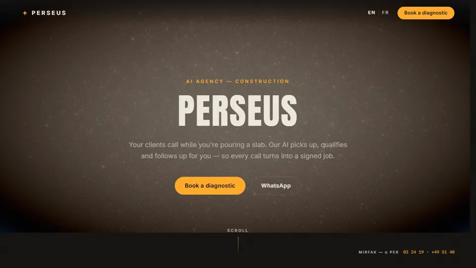 PERSEUS landing — AI agency for construction